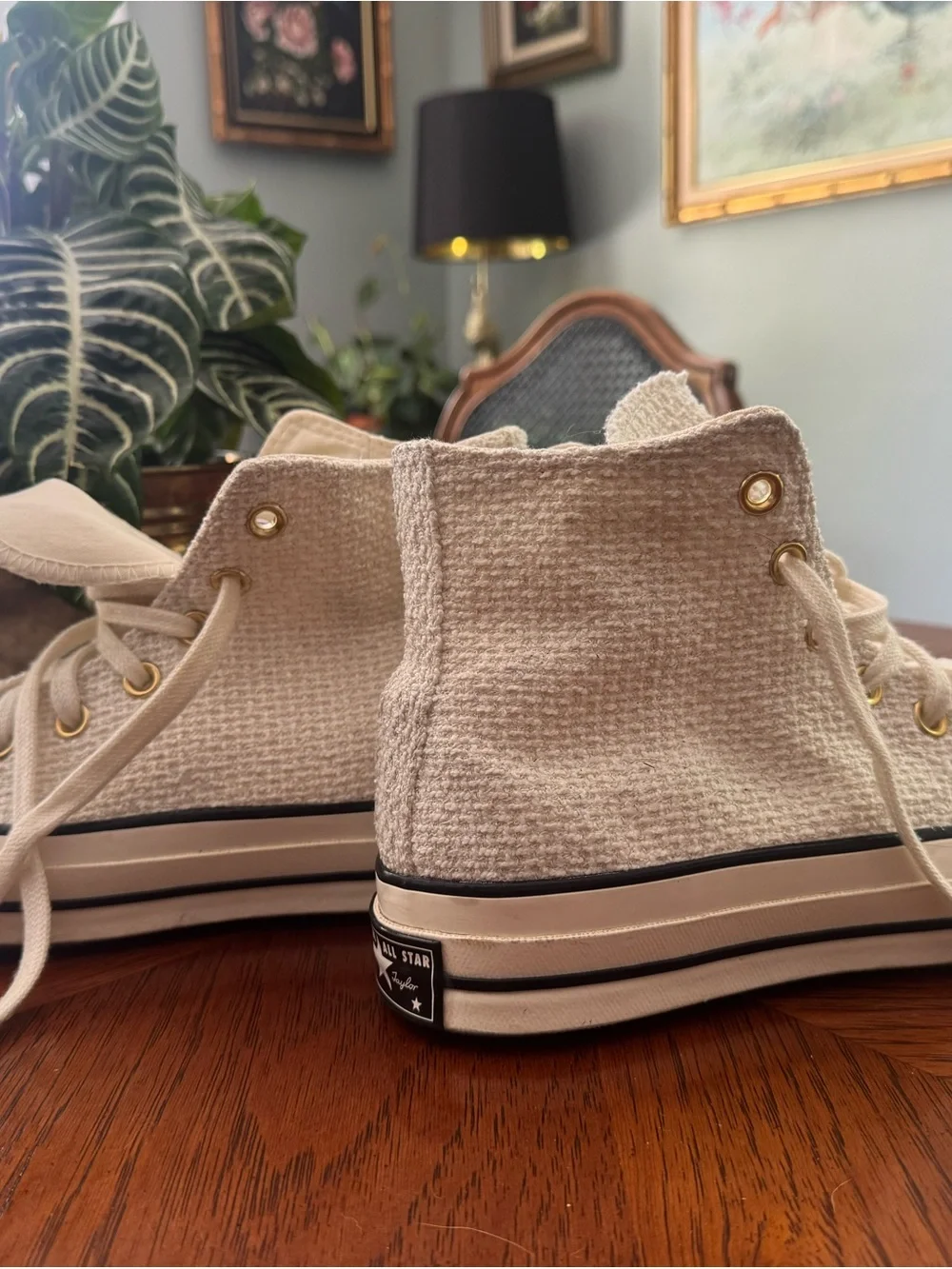 Converse High Top Sneakers in Cream with Gold Eyelets